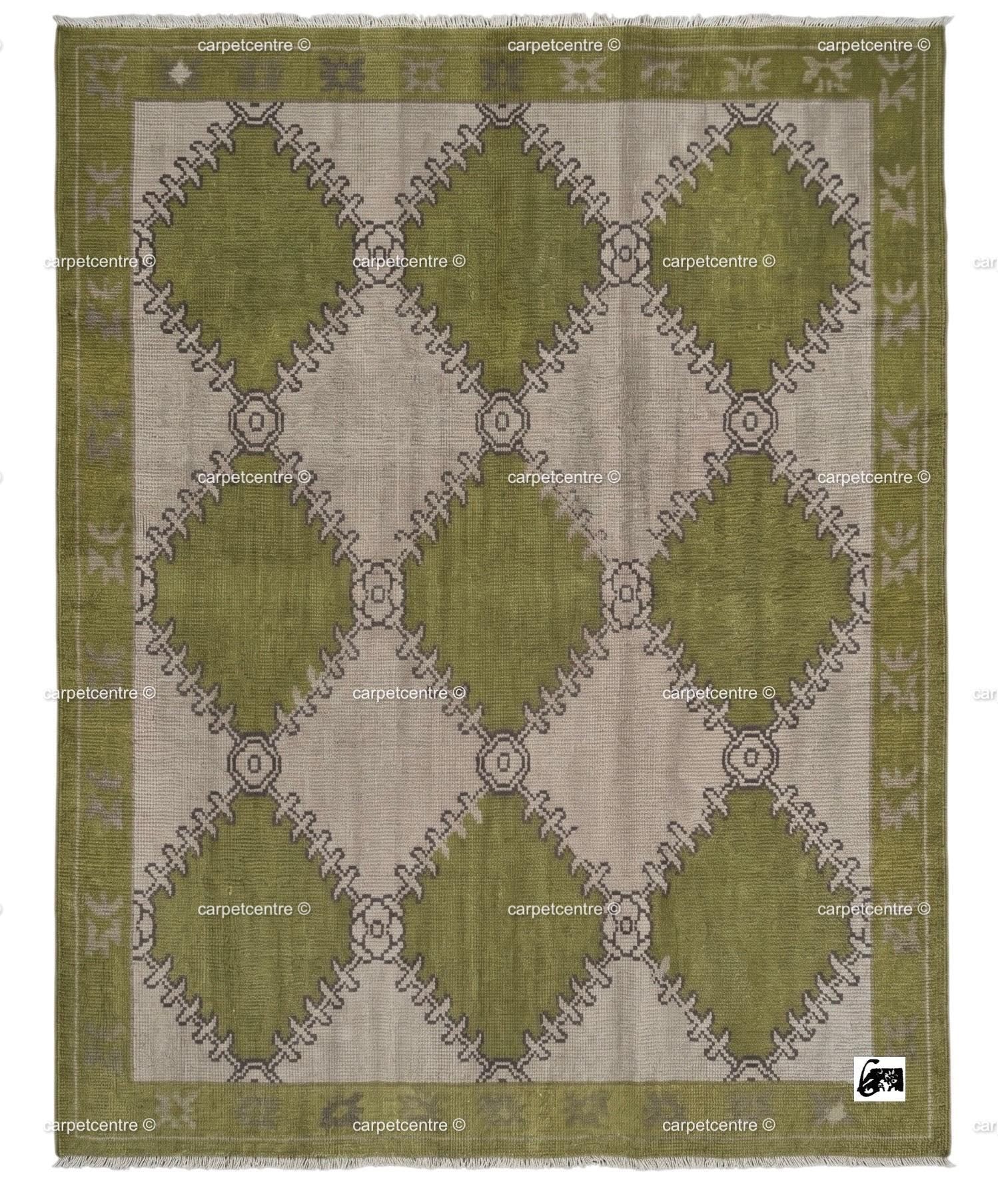 Hand Knotted Oushak Rug, Olive Green Geometric New Zealand Wool Area Rug