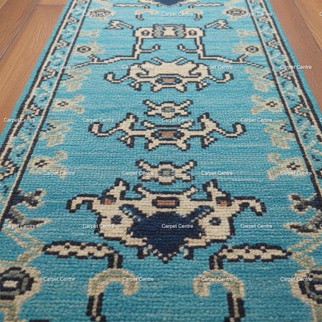 Teal Oushak Runner Rug, Hand-Knotted Wool, Tribal Geometric Design