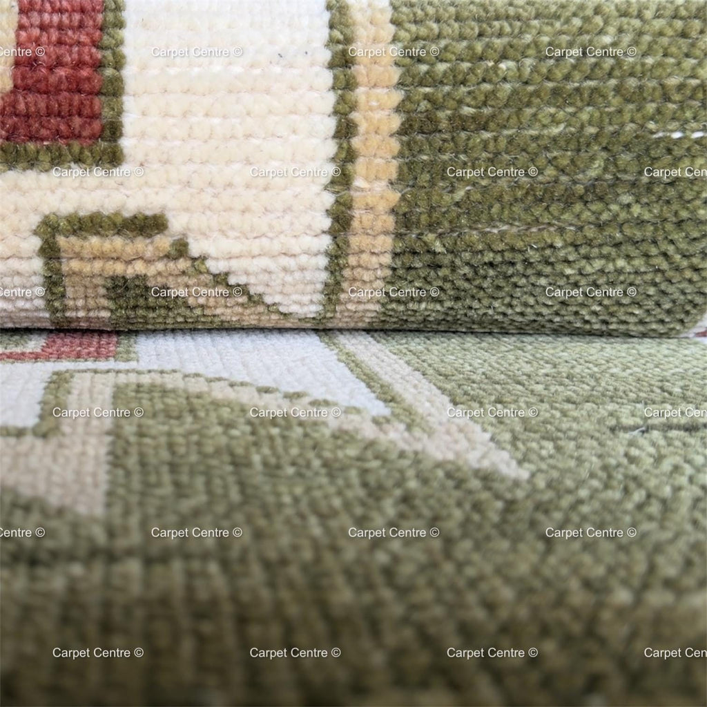 Hand-Knotted Wool Oushak Runner Rug, Olive Green Geometric Design