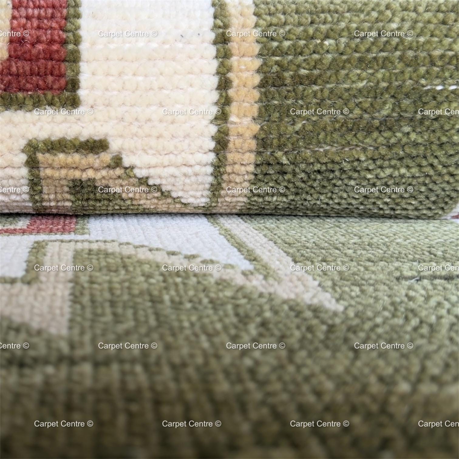 Hand-Knotted Wool Oushak Runner Rug, Olive Green Geometric Design