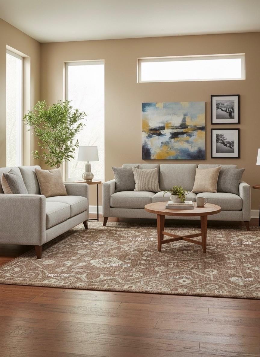 Handknotted Oushak Wool Rug: Distressed Brown Beige Geometric
