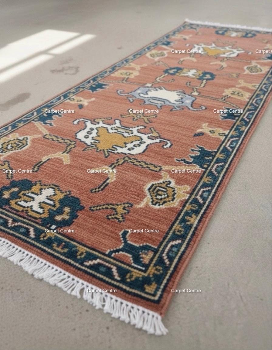 Hand-Knotted Wool Runner Rug, Terracotta Oushak Style, Teal Border