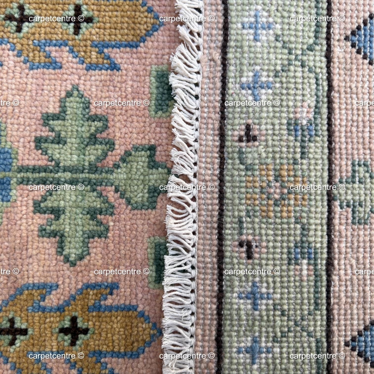 Handmade Wool Runner Rug: Pink and Green Oushak Tree of Life Design