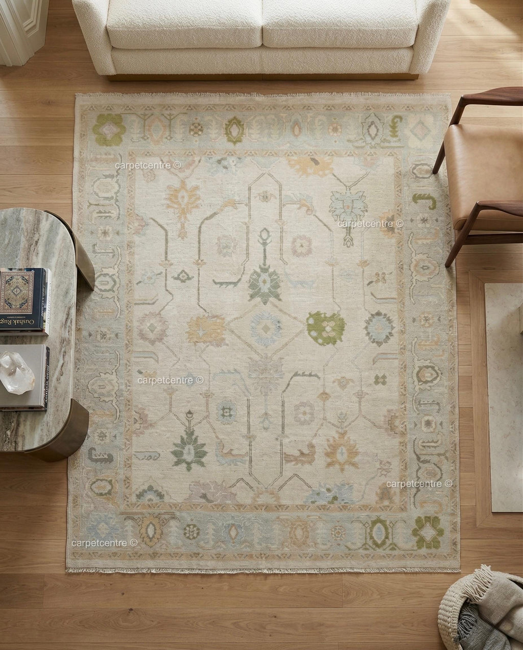 Hand-Knotted Wool Oushak Rug | Muted Sage, Sky Blue, Pastel Tones | 8x10 Area Rug