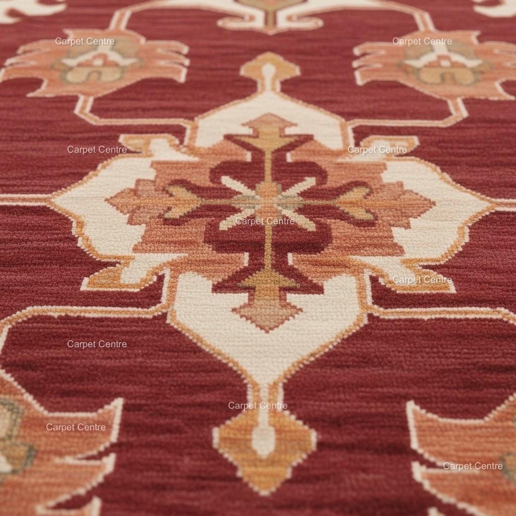 Handwoven Burgundy Oushak Wool Rug: Medallion Floral Design