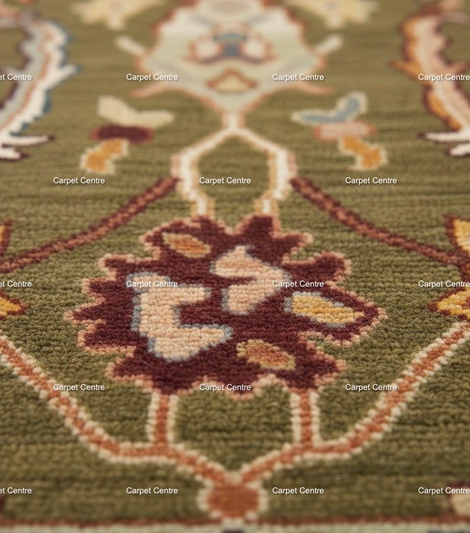 Hand Knotted Wool Rug, Olive Green Floral Carpet, Oriental Area Rug