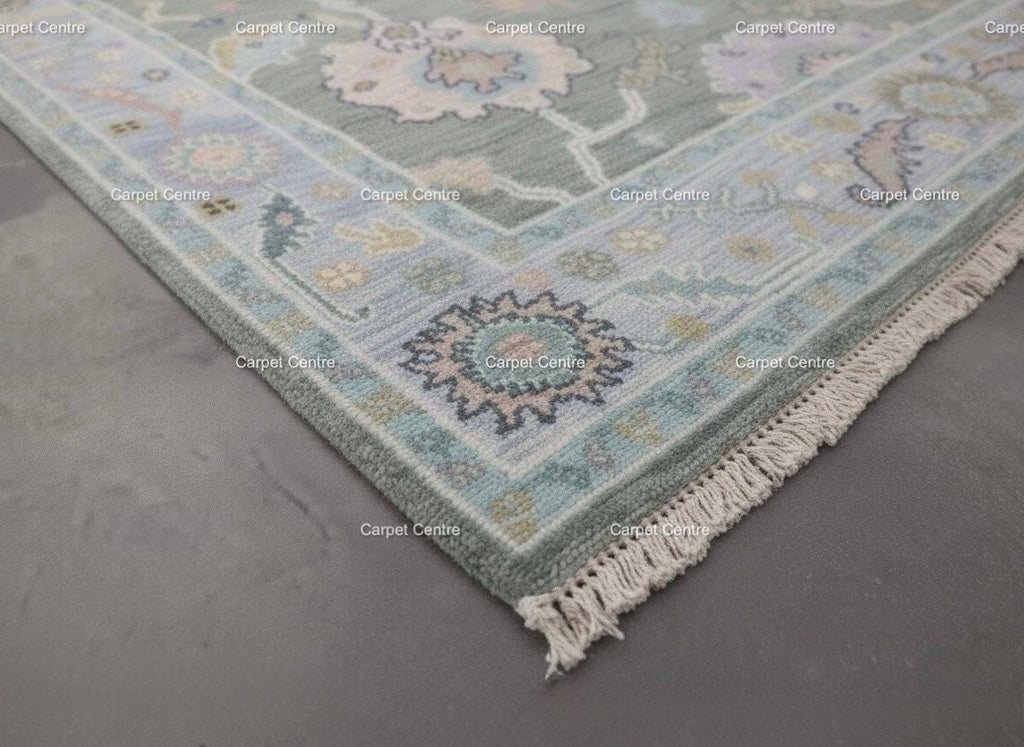 Handknotted Oushak Wool Rug | Sage Green, Pastel Floral Design