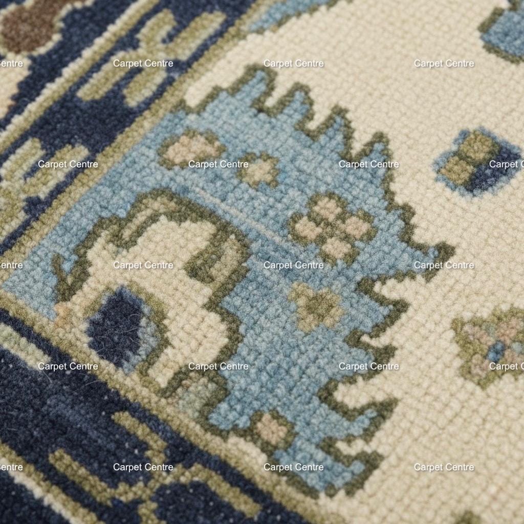 Hand-Knotted Ivory Oushak Rug, Navy Border, Handspun Wool