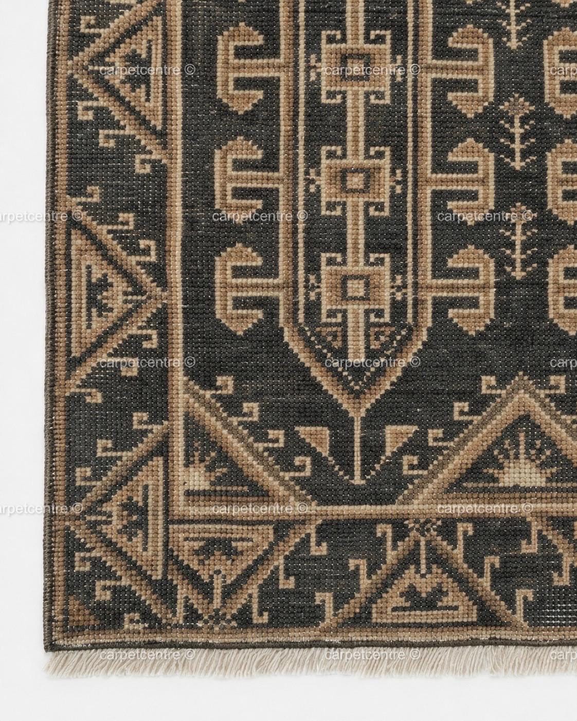 Hand Knotted Oushak Rug | Dark Grey Beige Geometric Tribal Wool Area Rug