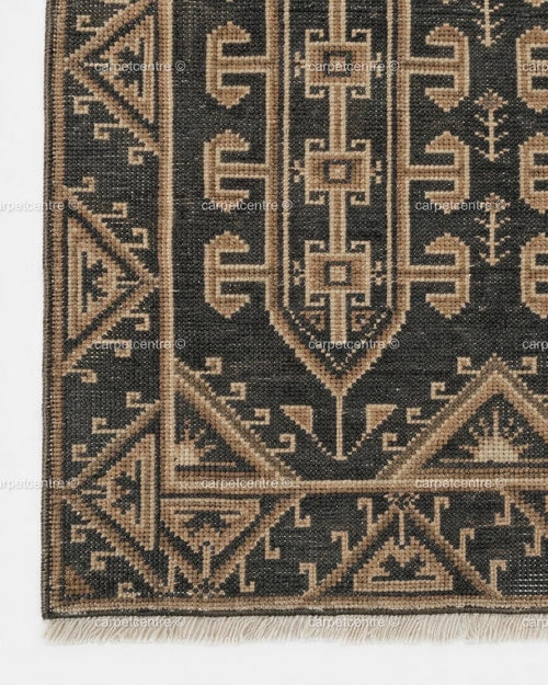Hand Knotted Oushak Rug | Dark Grey Beige Geometric Tribal Wool Area Rug