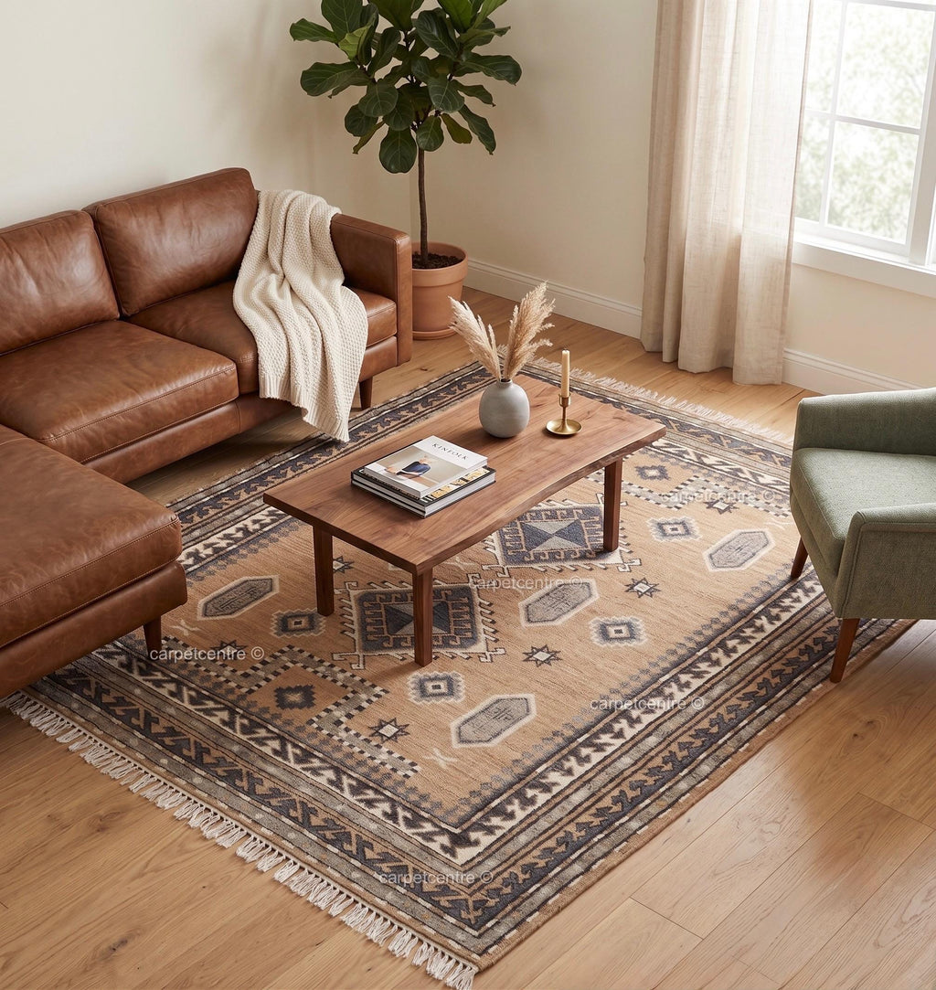 Hand Knotted Oushak Rug: 100% New Zealand Wool Tribal Southwestern Design