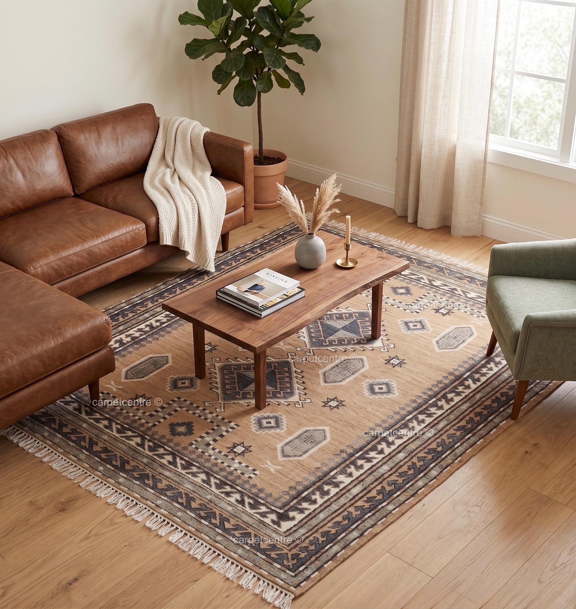 Hand Knotted Oushak Rug: 100% New Zealand Wool Tribal Southwestern Design
