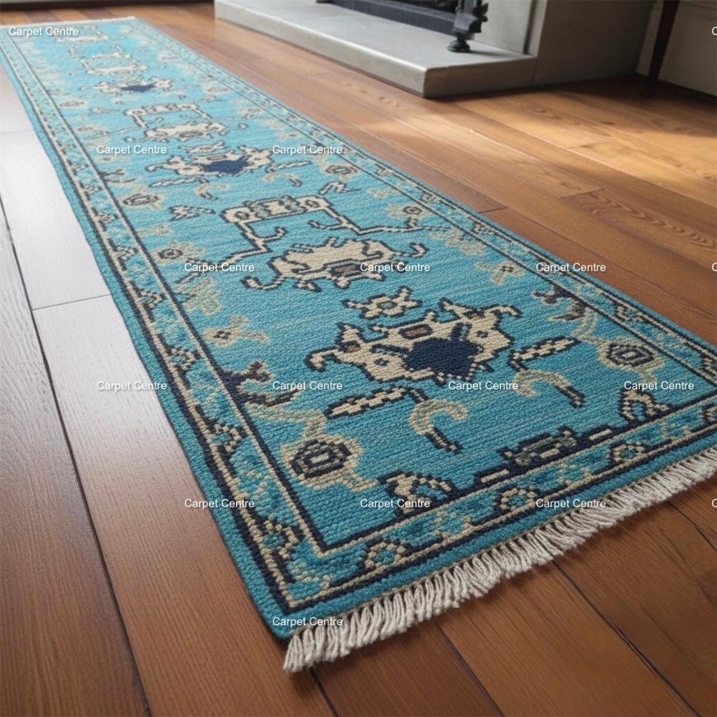 Teal Oushak Runner Rug, Hand-Knotted Wool, Tribal Geometric Design