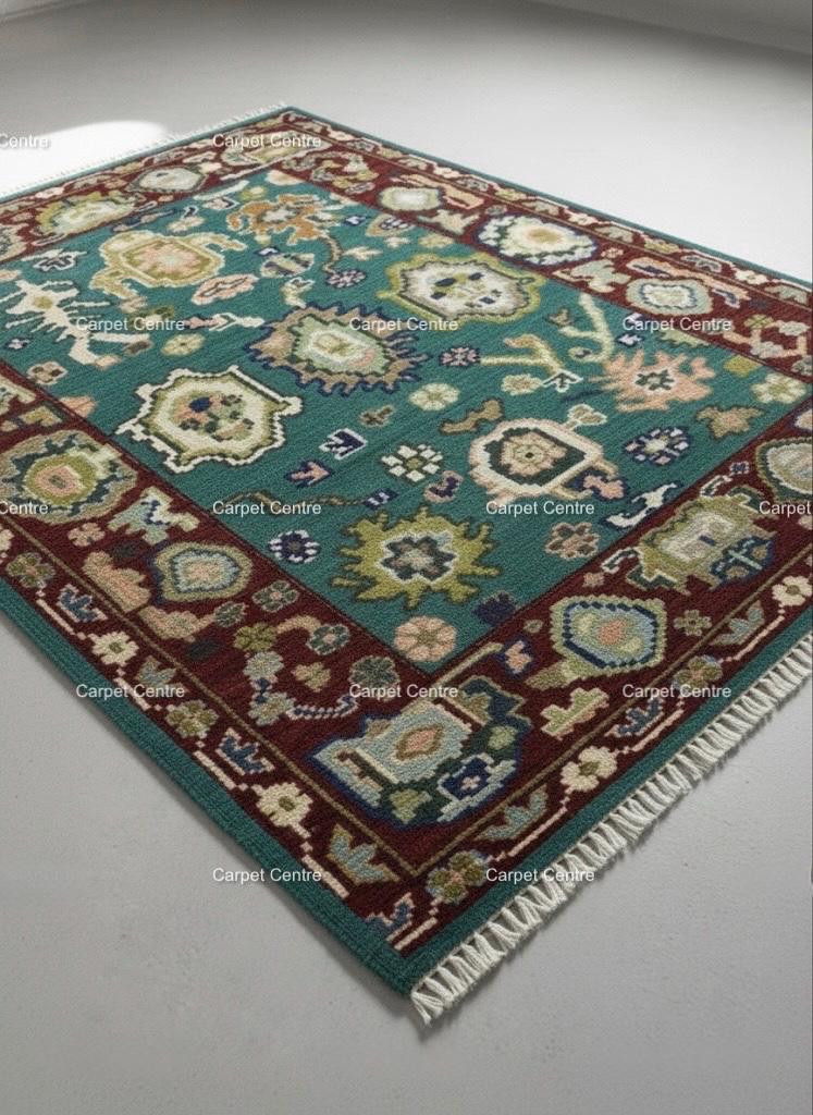Teal Oushak Rug, Hand-Knotted Wool Area Rug, Red Border