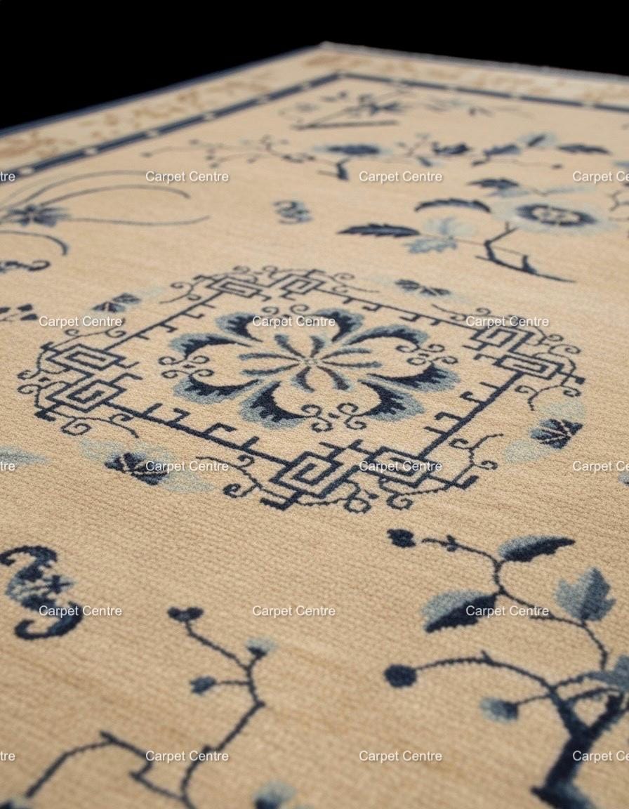 Hand-Knotted Oushak Wool Rug: Blue Beige Chinoiserie Design
