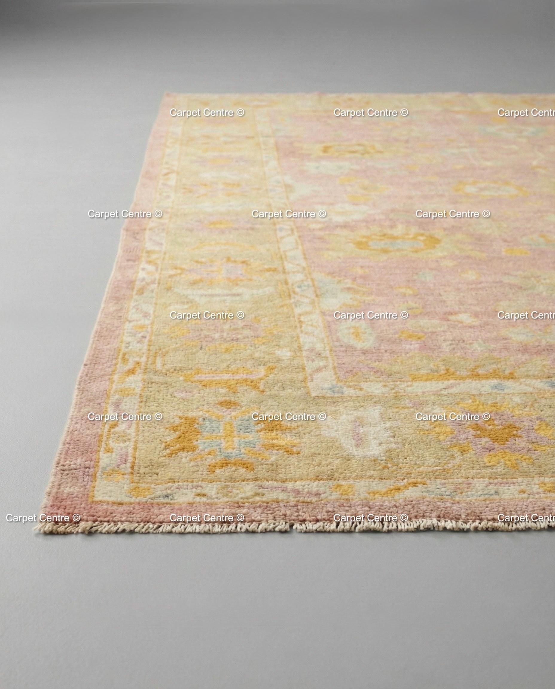 Hand Knotted Wool Oushak Rug, Pink Floral, Vintage Turkish Style