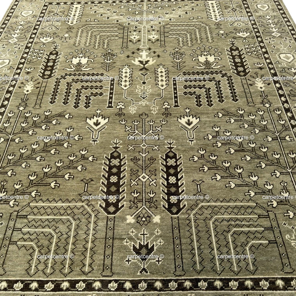 Hand Knotted Wool Oushak Rug, Olive Green Tree of Life Area Carpet