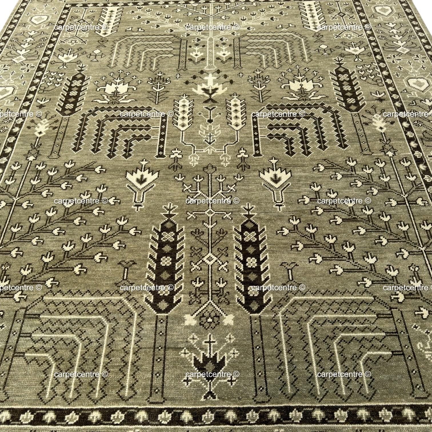 Hand Knotted Wool Oushak Rug, Olive Green Tree of Life Area Carpet