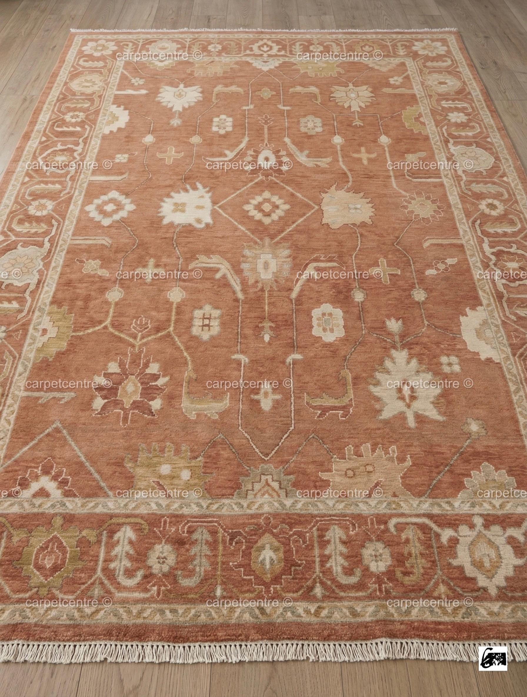 Terracotta Oushak Rug, Muted Rust Vintage Turkish Wool Carpet, Floral Boho Anatolian Home