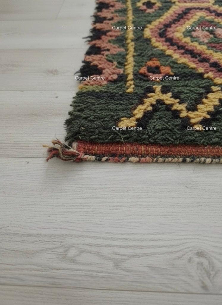 Green Moroccan Shag Rug, Hand-Knotted Wool, Geometric Diamond, Tulu Style