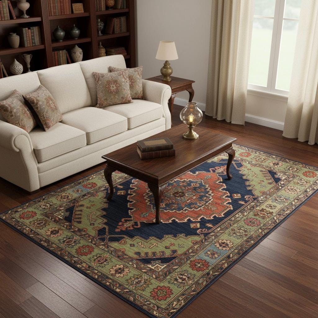Hand-Knotted Oushak Wool Rug | Navy Blue Sage Green Geometric Medallion Living Room 8x10 9x12