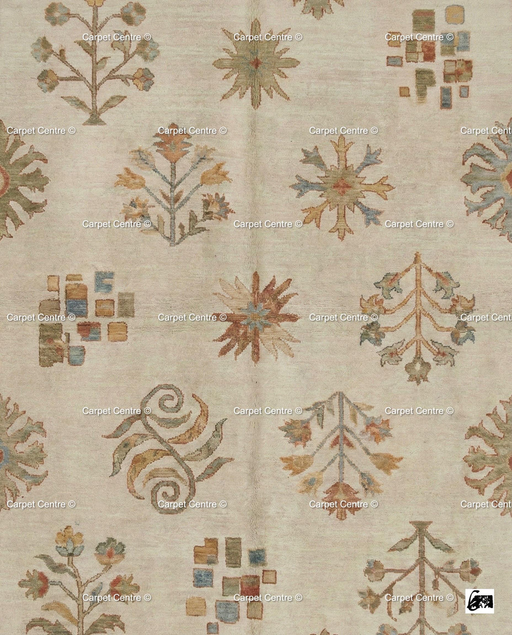 Hand-Knotted Wool Oushak Rug, Beige and Rust, Folk Art Floral Geometric