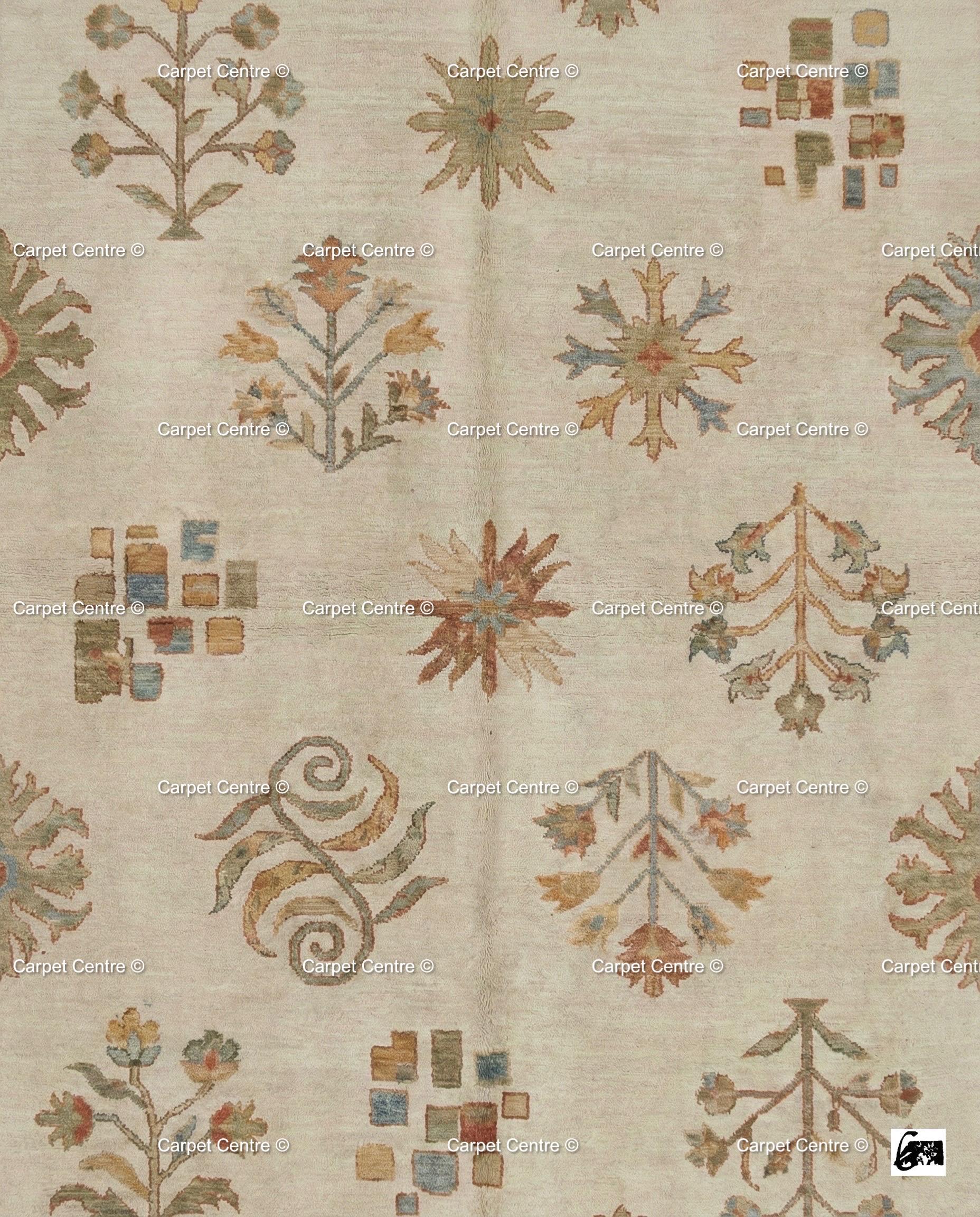Hand-Knotted Wool Oushak Rug, Beige and Rust, Folk Art Floral Geometric