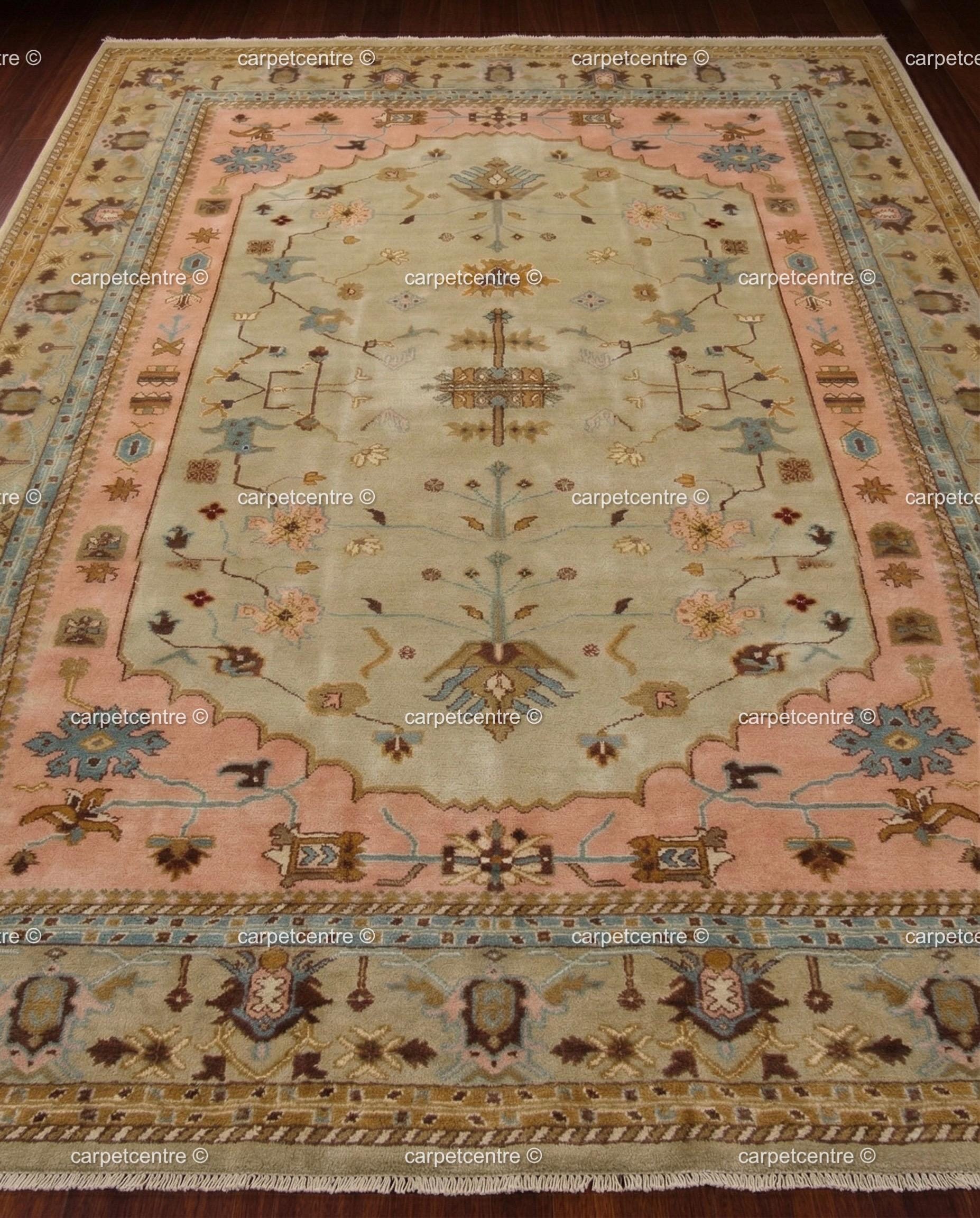 Sage Green Oushak Rug, Muted Peach Floral Geometric Carpet, Boho Nursery Bedroom Decor
