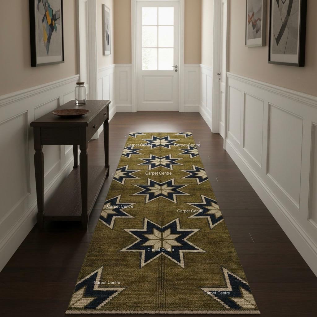 Olive Green Wool Runner Rug, Turkish Knot Star Pattern