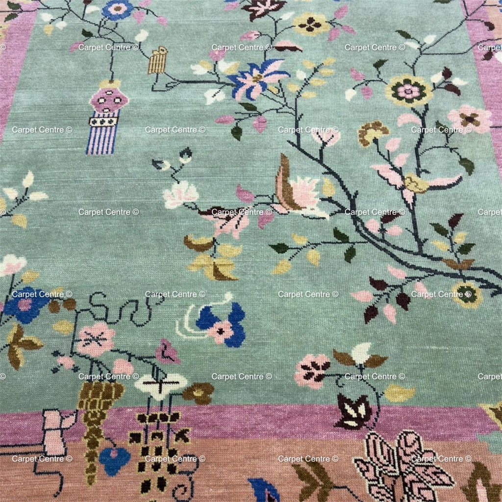 Hand Knotted Oushak Wool Rug, Chinoiserie Floral Oriental Carpet, Pastel Living Room Bedroom