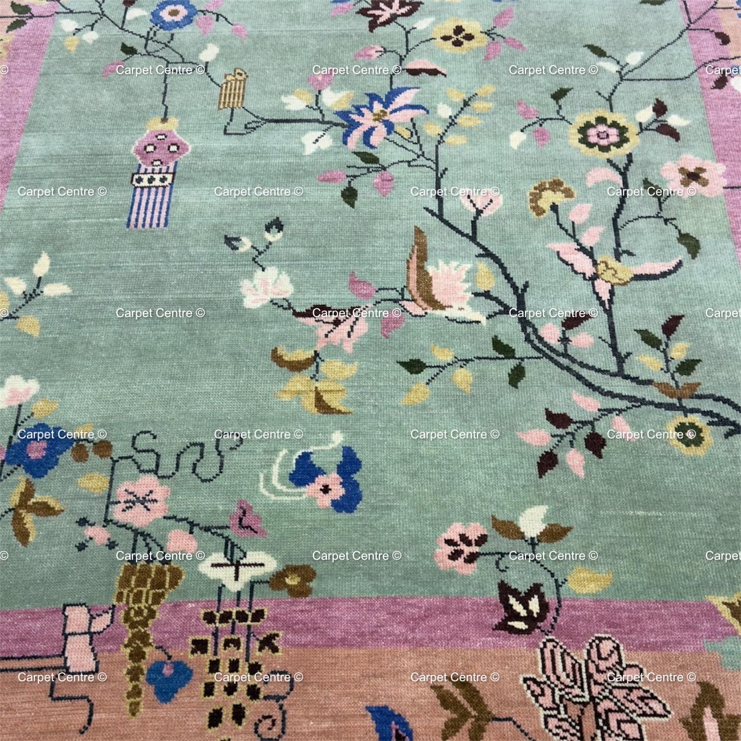Hand Knotted Oushak Wool Rug, Chinoiserie Floral Oriental Carpet, Pastel Living Room Bedroom