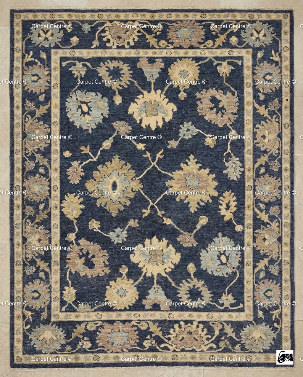 Hand-Knotted Navy Oushak Rug, Wool Floral Turkish Carpet, Traditional Living Room Decor