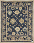 Hand-Knotted Navy Oushak Rug, Wool Floral Turkish Carpet, Traditional Living Room Decor
