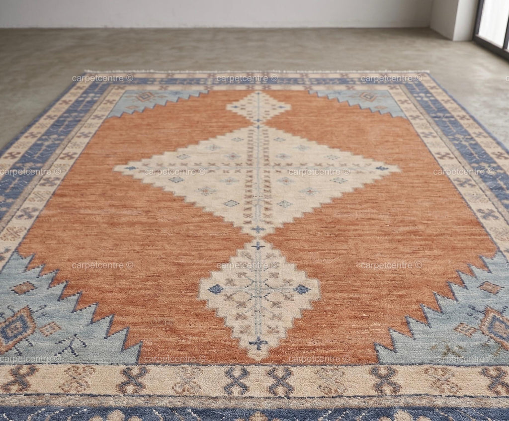 Hand Knotted Oushak Rug | Rust Orange, Blue Tribal Geometric Wool Carpet