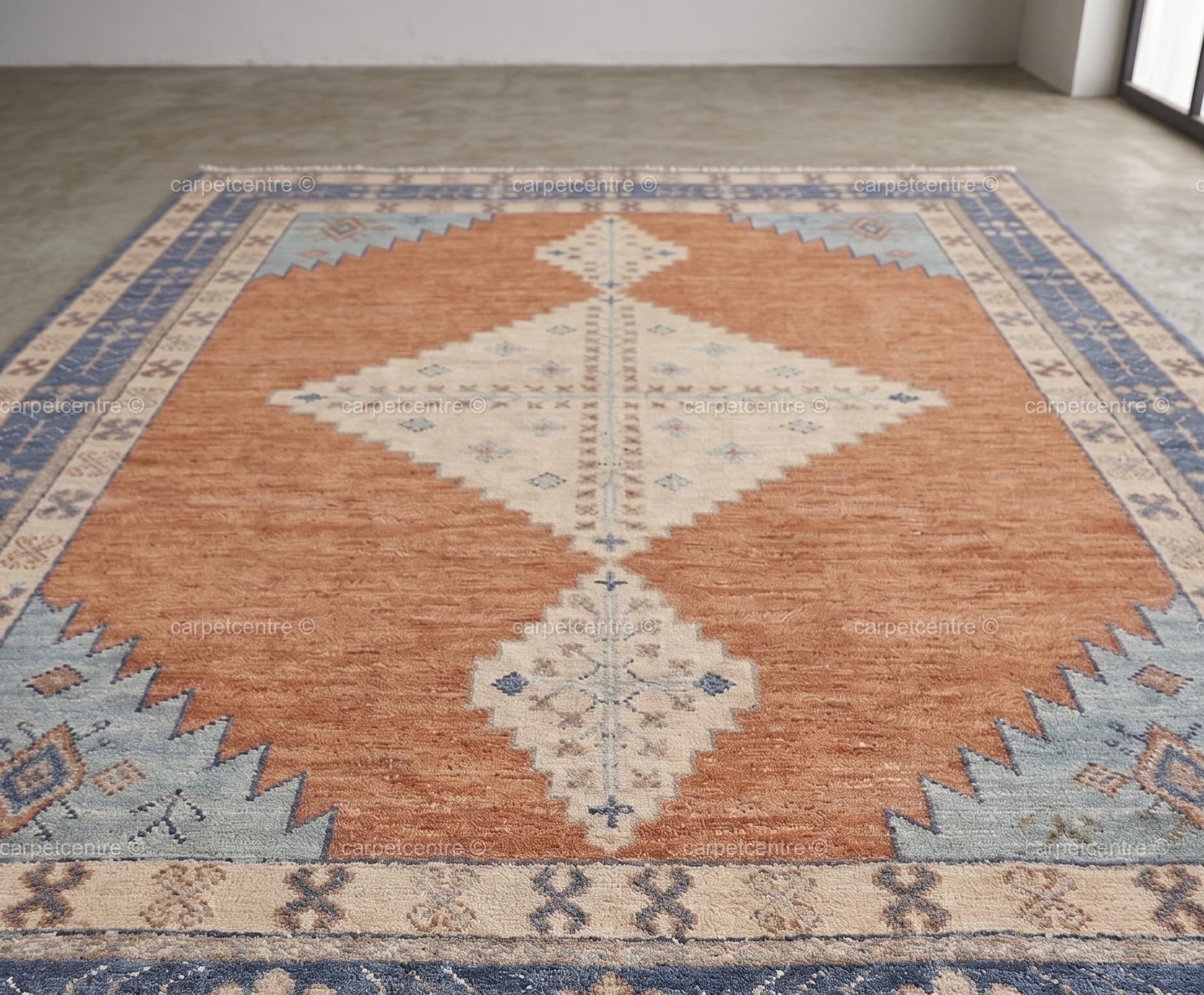 Hand Knotted Oushak Rug | Rust Orange, Blue Tribal Geometric Wool Carpet