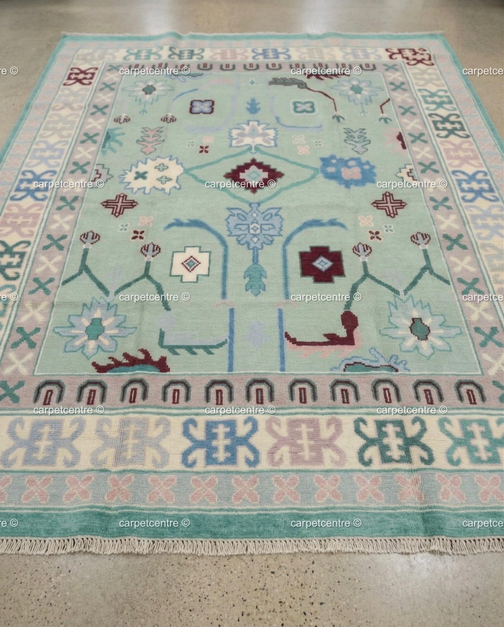 Mint Green Oushak Rug, Seafoam Pastel Turkish Floral Geometric Carpet