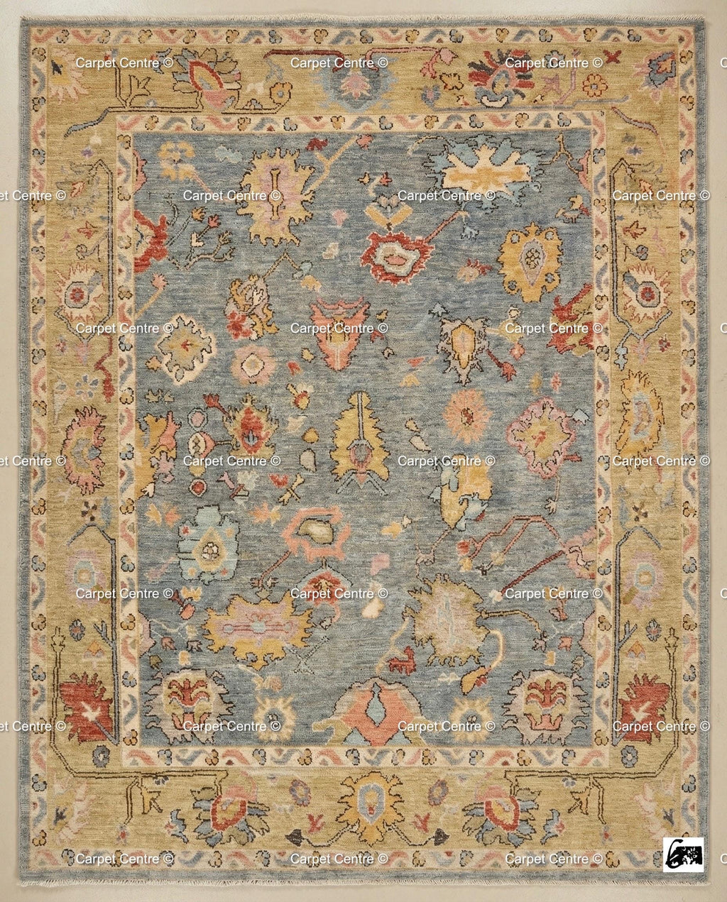 Floral Hand Knotted Oushak Wool Rug, Slate Blue & Gold