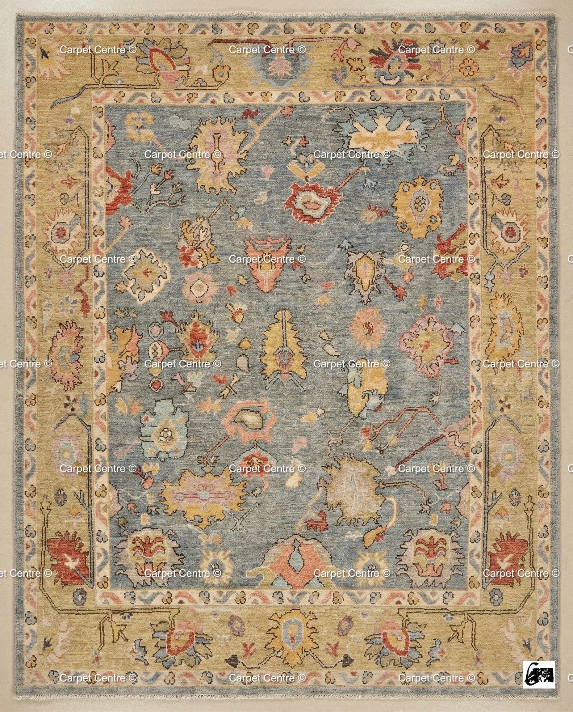 Floral Hand Knotted Oushak Wool Rug, Slate Blue & Gold