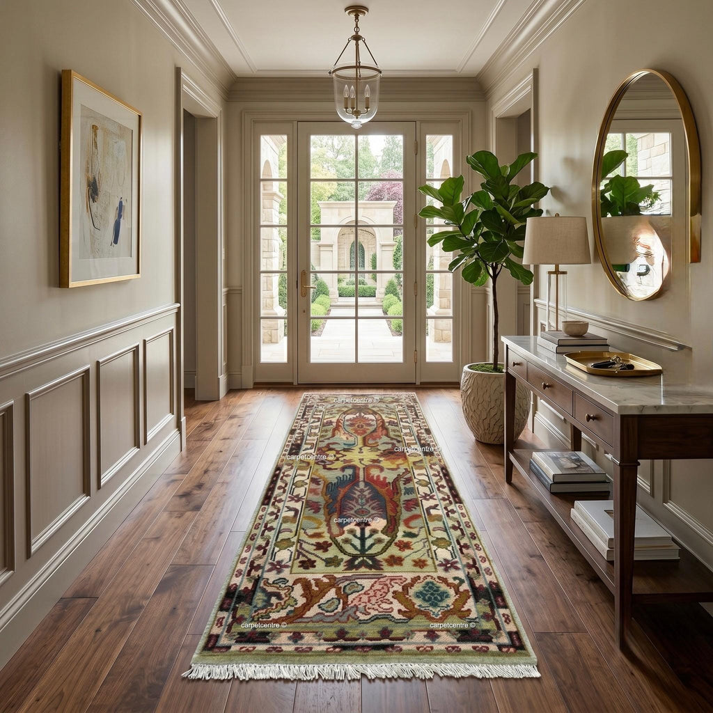 Unique Hand Knotted Oushak Runner Rug, Chinoiserie Botanical Wool Hallway-Entryway-Bathroom, Turkish Knot Kitchen Runner