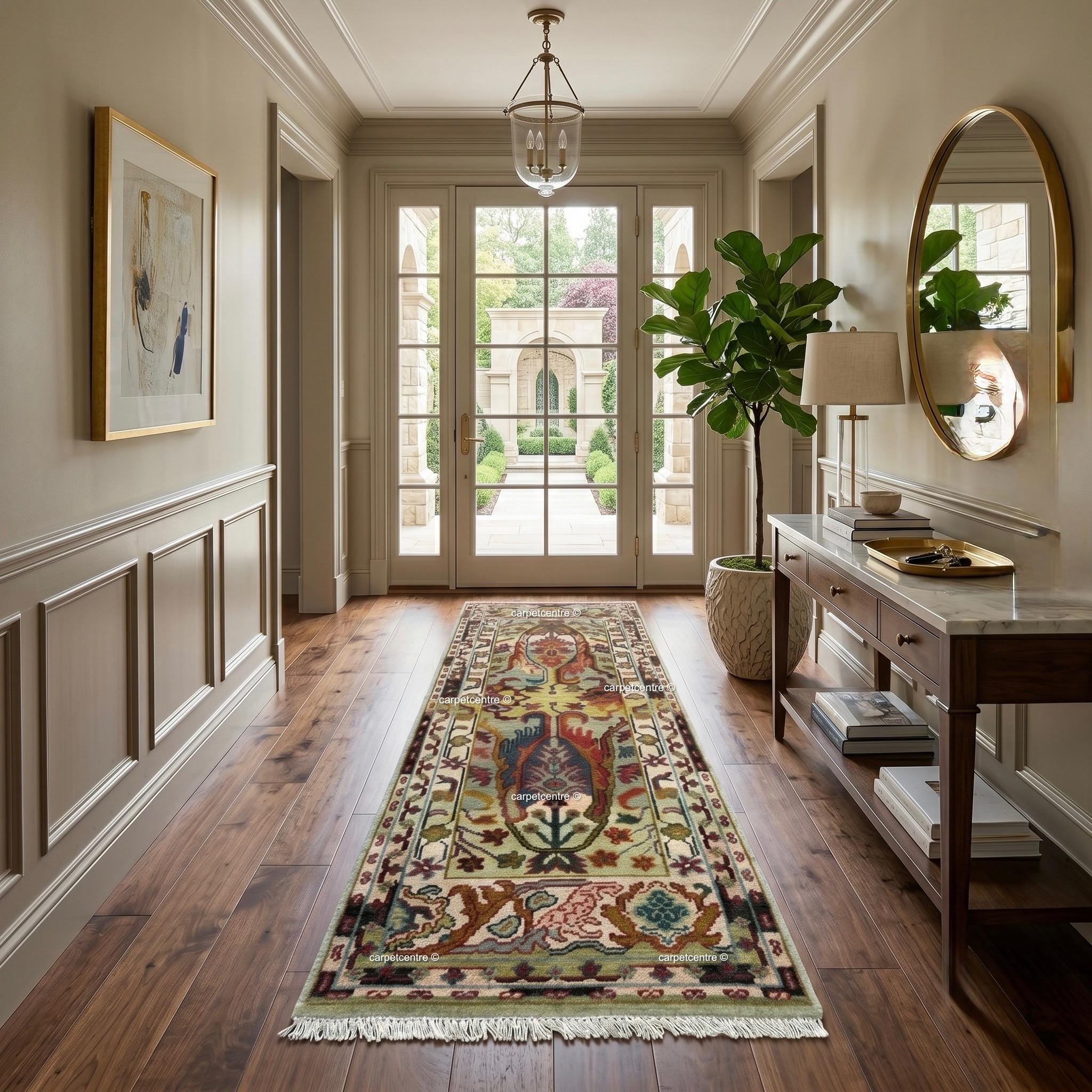 Unique Hand Knotted Oushak Runner Rug, Chinoiserie Botanical Wool Hallway-Entryway-Bathroom, Turkish Knot Kitchen Runner
