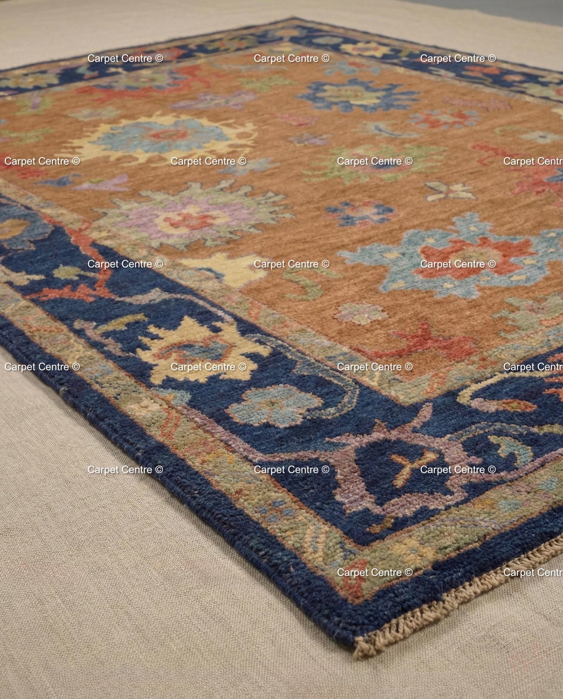 Hand Knotted Wool Oushak Rug – Rust Orange & Navy, Turkish Knot