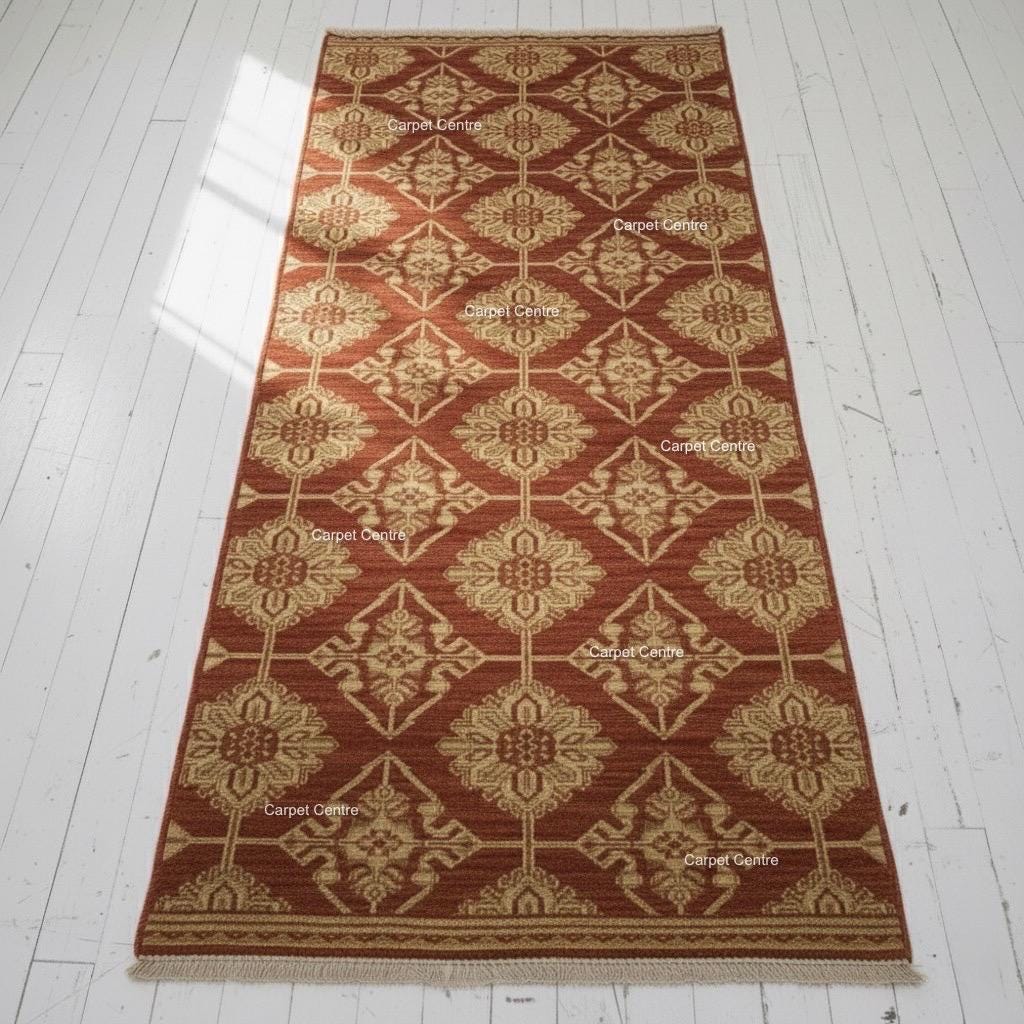 Hand-Knotted Terracotta Wool Runner Rug, Oushak Geometric Hallway Rug