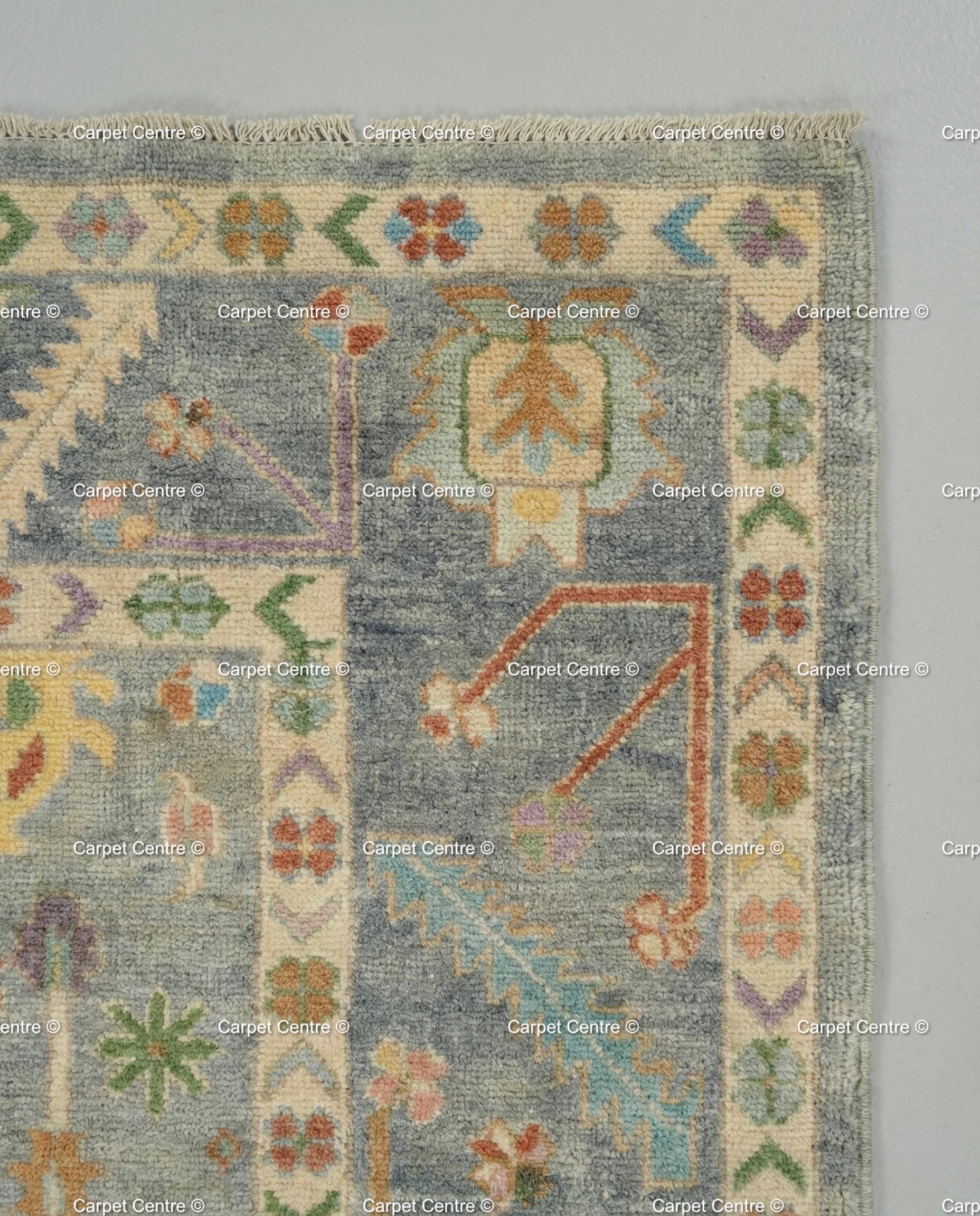 Hand Knotted Wool Oushak Rug, Slate Grey Floral Carpet