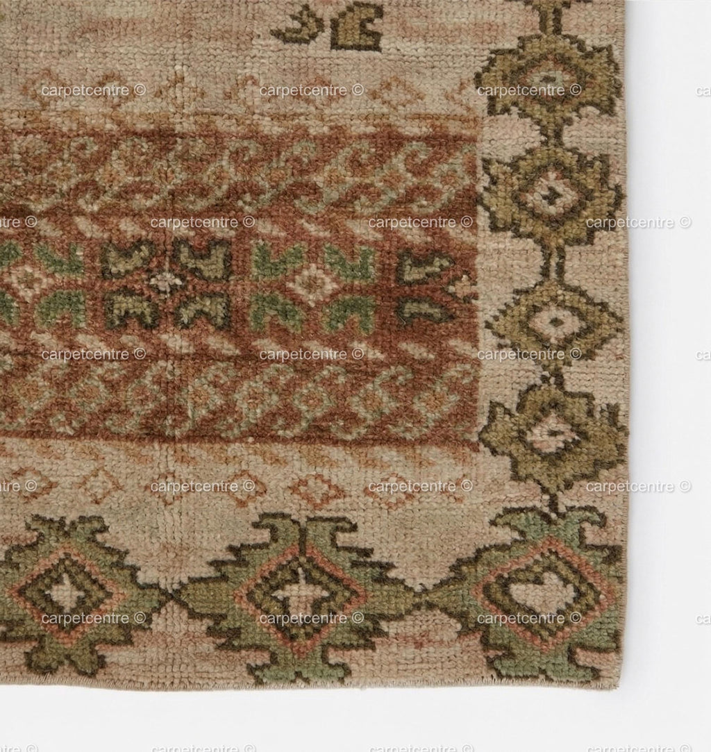 Hand-Knotted Oushak Rug: Muted Sage Green, Terracotta Wool Area Rug (8x10, 9x12)