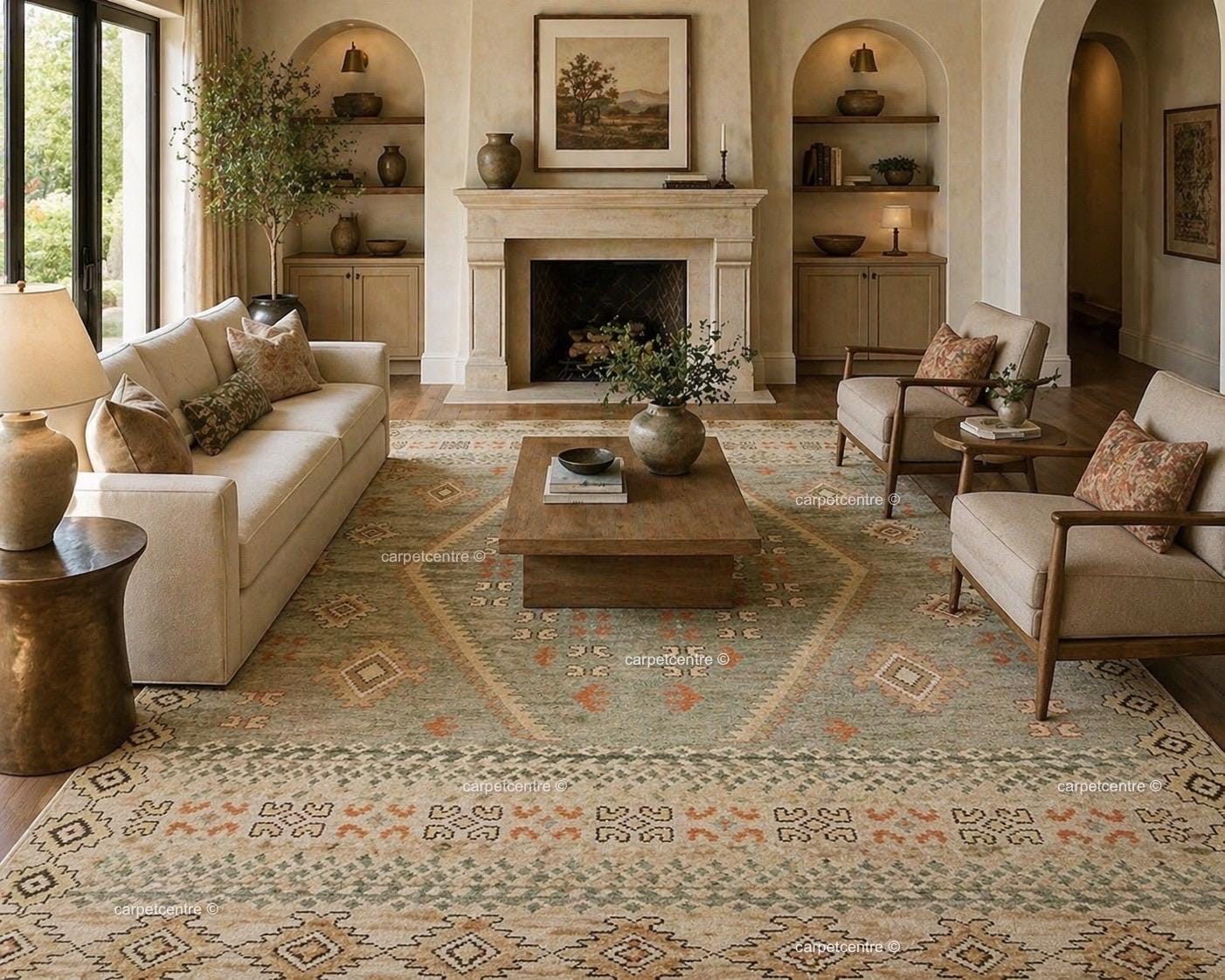 Sage Green Hand Knotted Wool Oushak Rug, Vintage Tribal Boho Decor 8x10