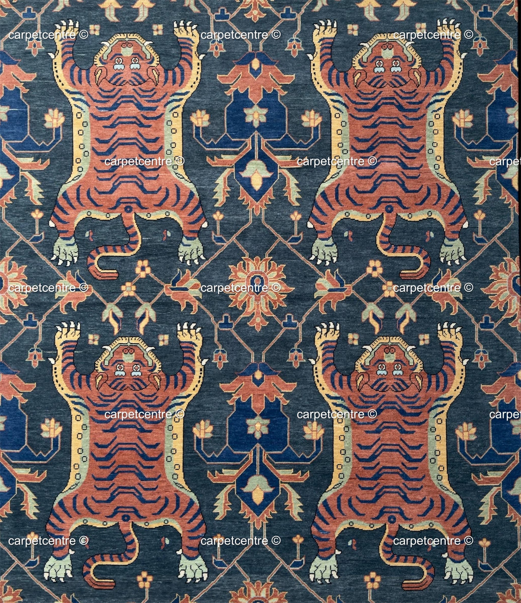 Tibetan Tiger Print Oushak Rug, Hand Knotted Wool 6x8 8x10 9x12 10x14 Area Carpet, Charcoal Rust Maximalist Decor Living Room Bedroom Decor
