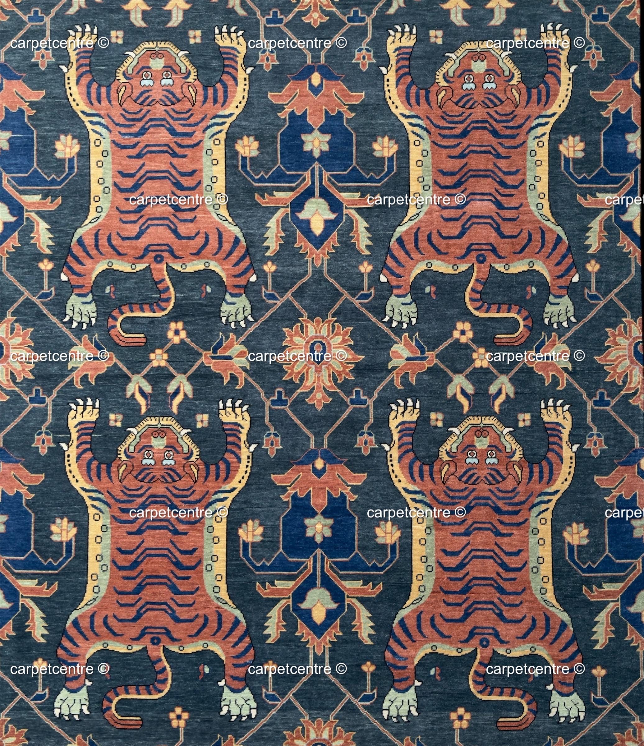 Tibetan Tiger Print Oushak Rug, Hand Knotted Wool 6x8 8x10 9x12 10x14 Area Carpet, Charcoal Rust Maximalist Decor Living Room Bedroom Decor