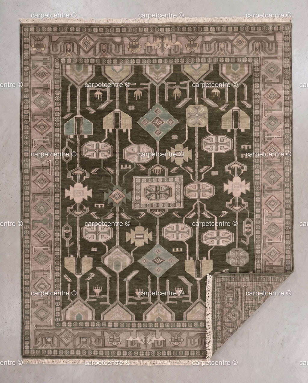 Hand Knotted Oushak Rug, Olive Green Wool, Geometric Tribal Anatolian Carpet