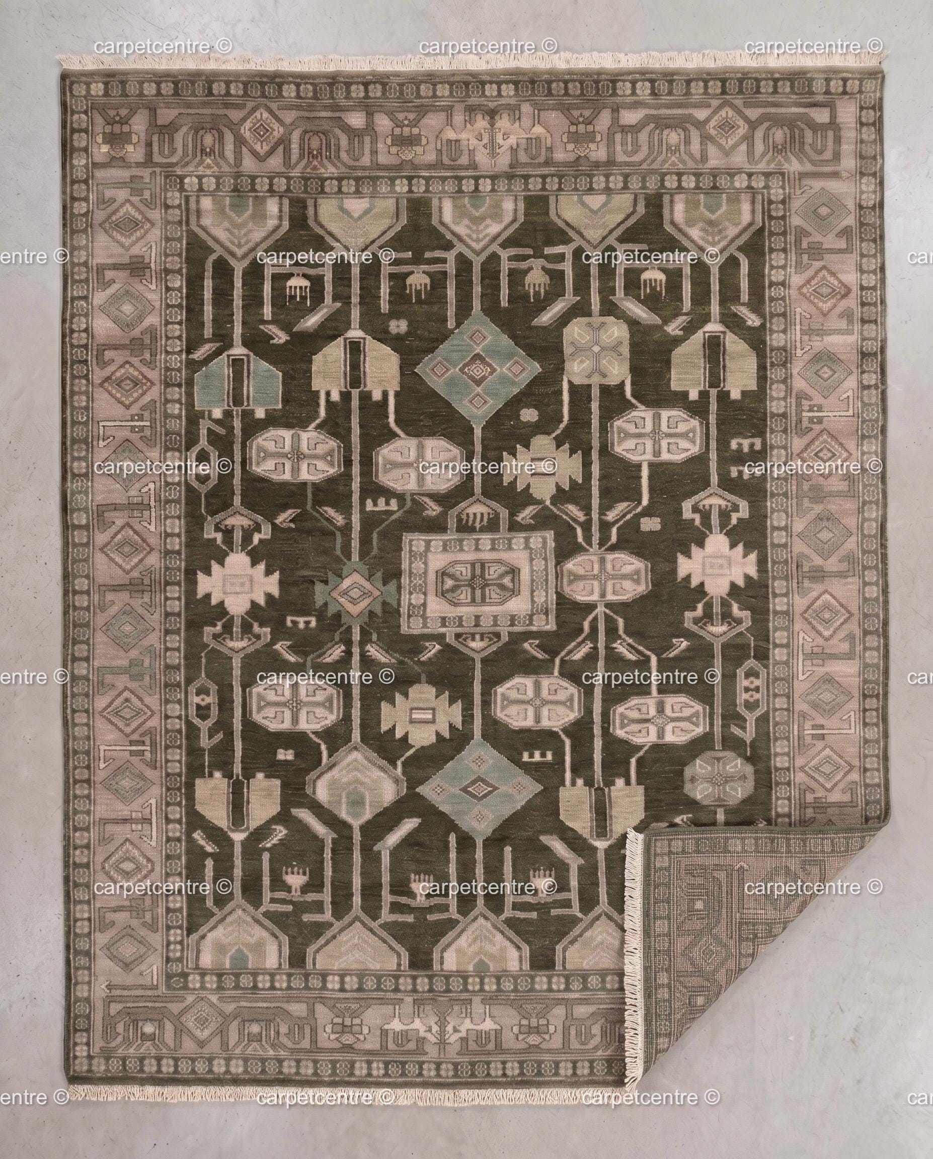 Hand Knotted Oushak Rug, Olive Green Wool, Geometric Tribal Anatolian Carpet