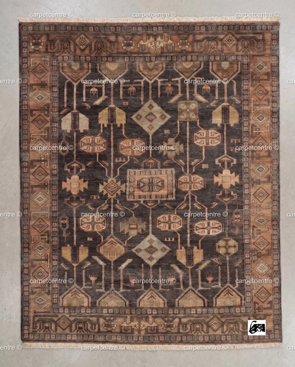 Hand Knotted Oushak Wool Rug, Dark Brown Tribal Vintage Turkish Geometric 8x10 9x12 Custom Living Room Bedroom Rug - 100% Handmade